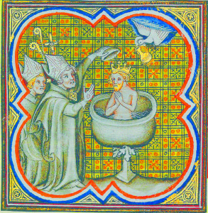 Baptême de Clovis. Il Est baptisé par saint Remy, l'évêque de Reims. Le Saint-Esprit Apporte la sainte Ampoule le saint chrême Contenant Qui Servit à l'onction des rois de France